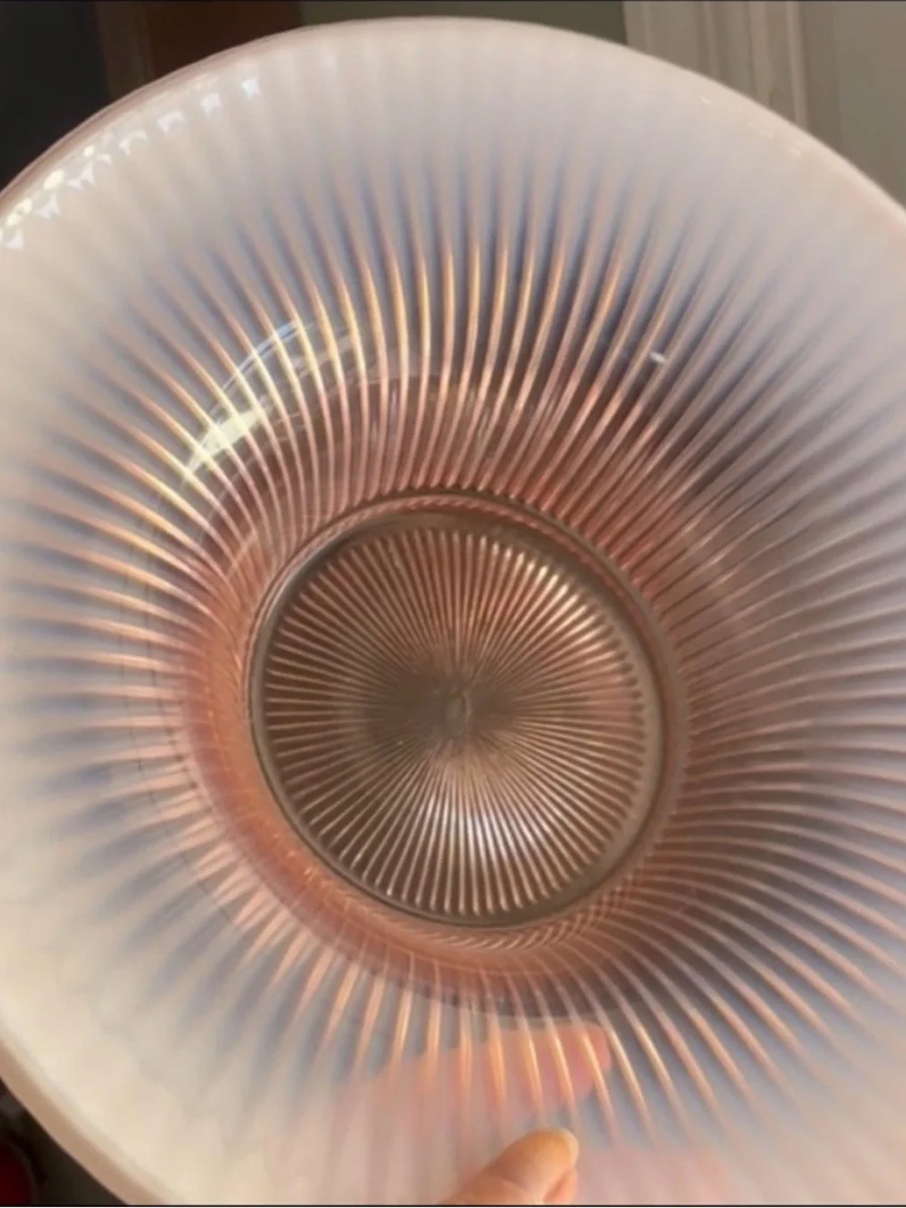 Fenton Stamped Peaches & Cream Iridescent Ribbed Pedestal Bowl, 13”